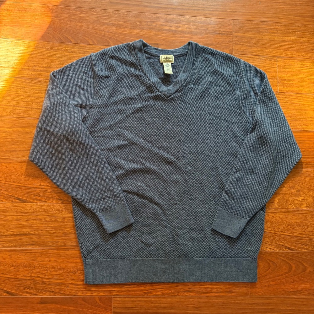 L.L. Bean Mens V-Neck 100% Merino Wool Waffle Knit Sweater Blue XXL-REG